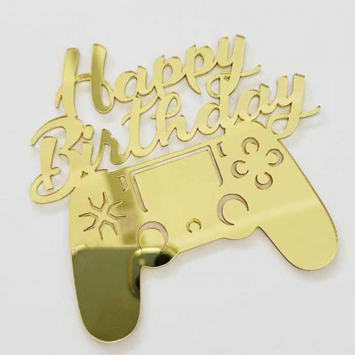 Зеркальный акриловый топпер "Happy Birthday джойстик", золото Зеркальный акриловый топпер "Happy Birthday джойстик", золото