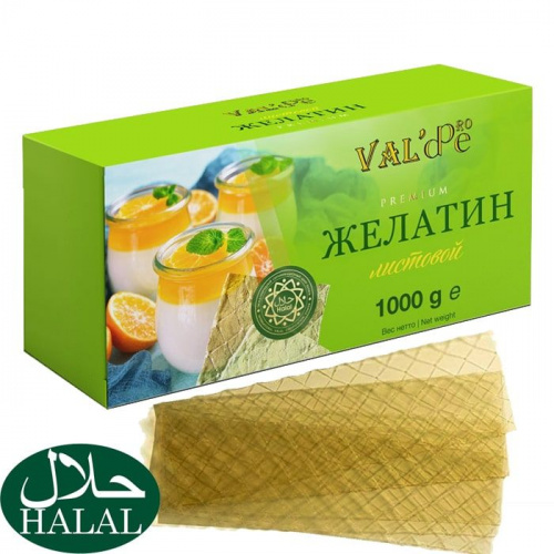 Желатин говяжий листовой 180 bloom Gold Халяль VAL'DE, 1кг Желатин говяжий листовой 180 bloom Gold Халяль VAL'DE, 1кг